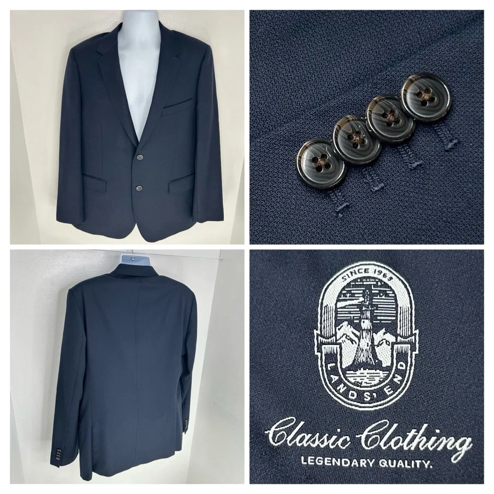 Lands End Blazer Size 42R Navy Wool Tailored Fit Suit Jacket Office Career